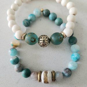 Handmade Beaded Stretch Bracelets (Set of 2) Brazil Amazonite w/ Quartz